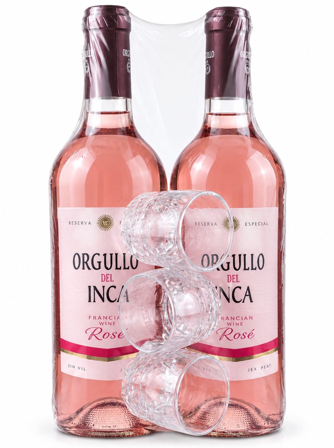 VINO ROSÉ SEMI-SECO ORGULLO DEL INCA PACK 2 BOTELLAS + 3 VASOS